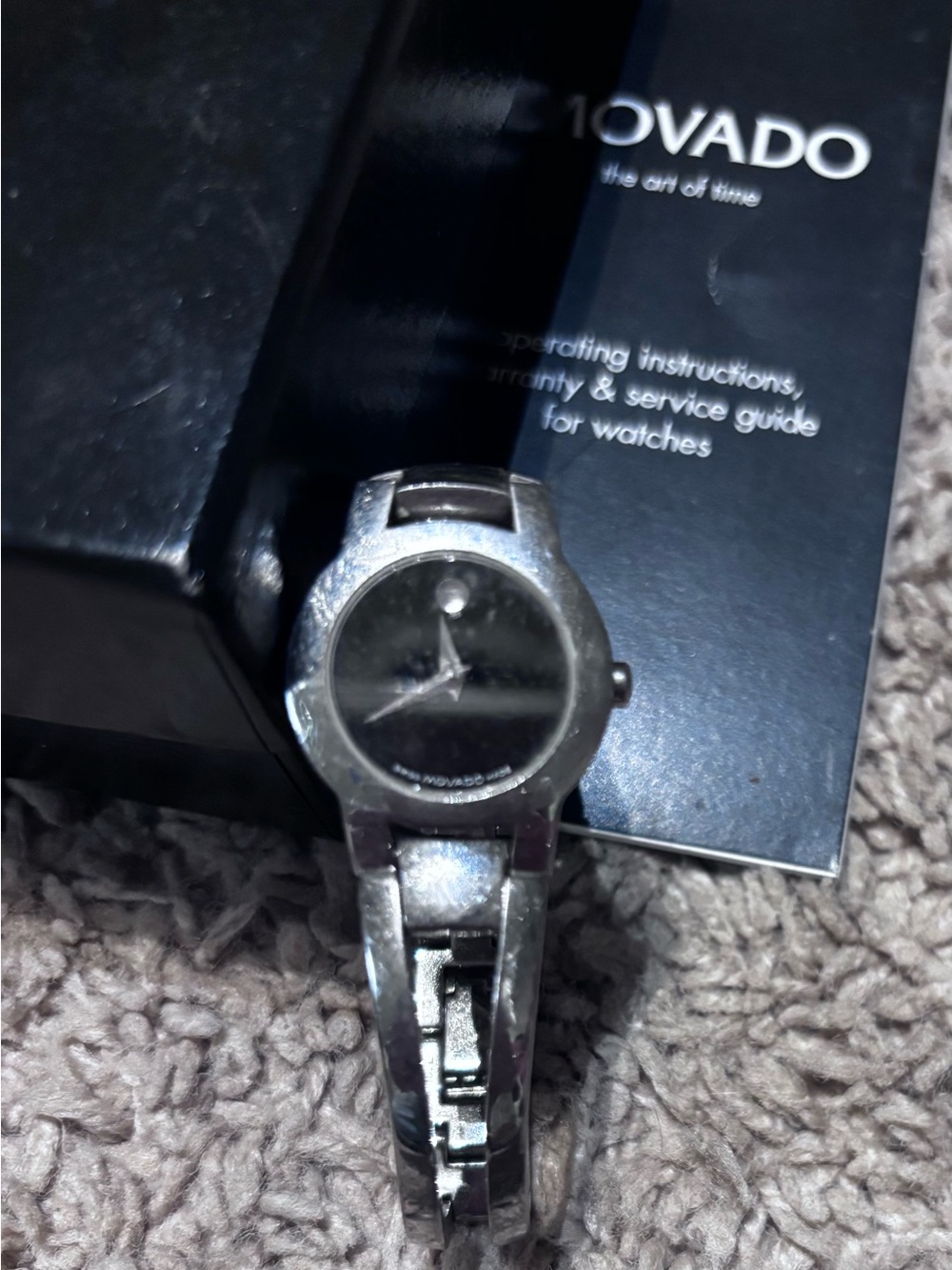 Vintage Movado Silver and diamond Womans Watch with Black Dial needs battery EUC